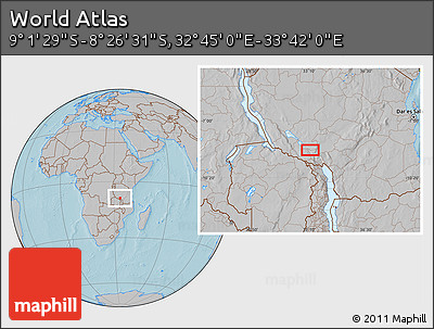 Gray Location Map of the Area around 8° 44' 0" S, 33° 13' 30" E, hill shading