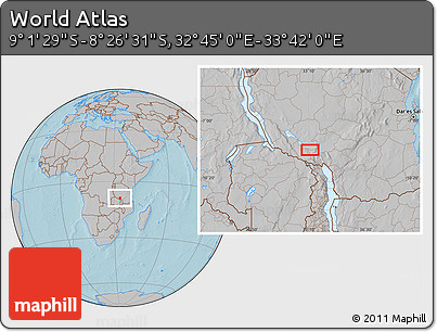 Gray Location Map of the Area around 8° 44' 0" S, 33° 13' 30" E, hill shading