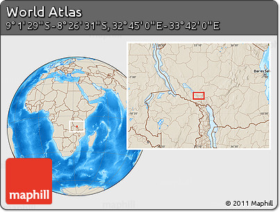 Shaded Relief Location Map of the Area around 8° 44' 0" S, 33° 13' 30" E