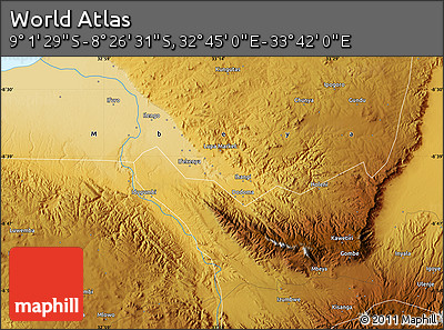 Physical Map of the Area around 8° 44' 0" S, 33° 13' 30" E