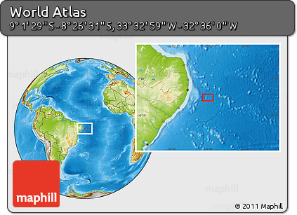 Physical Location Map of the Area around 8° 44' 0" S, 33° 4' 30" W
