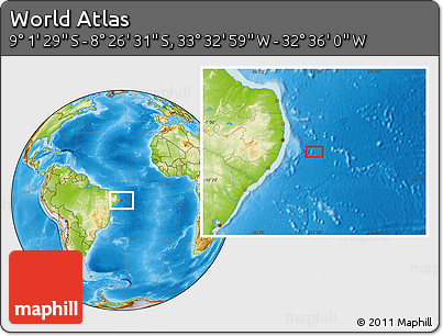 Physical Location Map of the Area around 8° 44' 0" S, 33° 4' 30" W