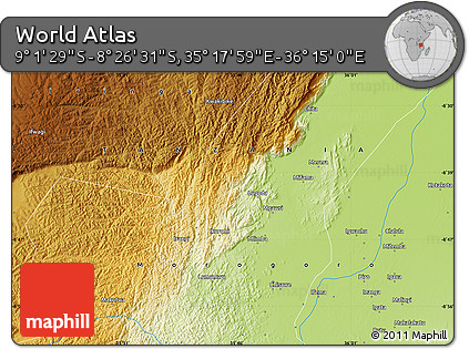 Physical Map of the Area around 8° 44' 0" S, 35° 46' 29" E