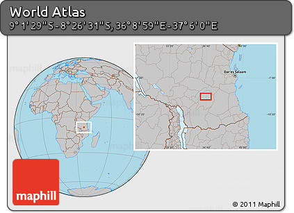 Gray Location Map of the Area around 8° 44' 0" S, 36° 37' 30" E