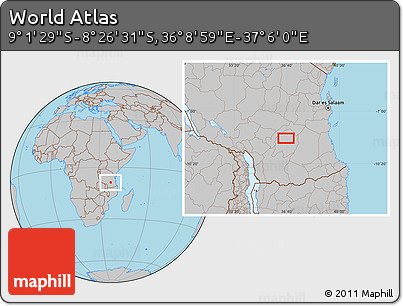 Gray Location Map of the Area around 8° 44' 0" S, 36° 37' 30" E