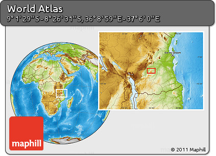Physical Location Map of the Area around 8° 44' 0" S, 36° 37' 30" E