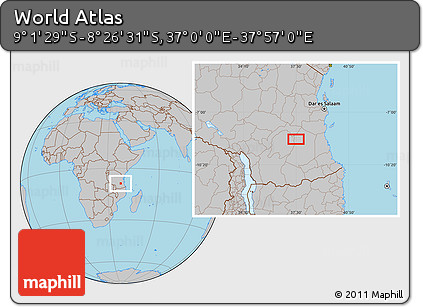 Gray Location Map of the Area around 8° 44' 0" S, 37° 28' 30" E
