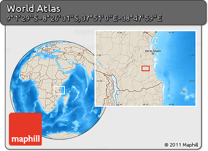 Shaded Relief Location Map of the Area around 8° 44' 0" S, 38° 19' 30" E