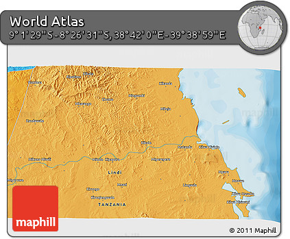 Political 3D Map of the Area around 8° 44' 0" S, 39° 10' 29" E