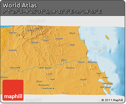 Political 3D Map of the Area around 8° 44' 0" S, 39° 10' 29" E