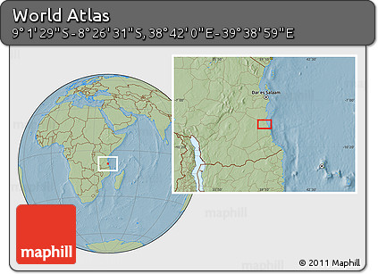 Savanna Style Location Map of the Area around 8° 44' 0" S, 39° 10' 29" E, hill shading