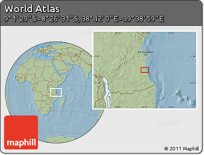 Savanna Style Location Map of the Area around 8° 44' 0" S, 39° 10' 29" E, hill shading