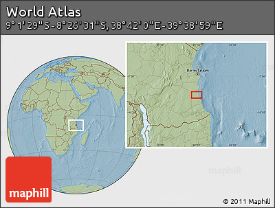 Savanna Style Location Map of the Area around 8° 44' 0" S, 39° 10' 29" E, hill shading
