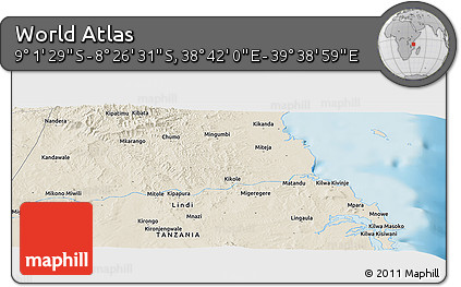 Shaded Relief Panoramic Map of the Area around 8° 44' 0" S, 39° 10' 29" E