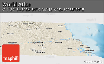 Shaded Relief Panoramic Map of the Area around 8° 44' 0" S, 39° 10' 29" E