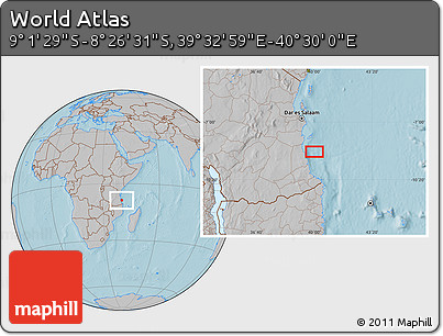 Gray Location Map of the Area around 8° 44' 0" S, 40° 1' 29" E, hill shading