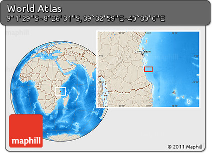 Shaded Relief Location Map of the Area around 8° 44' 0" S, 40° 1' 29" E