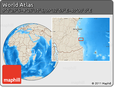 Shaded Relief Location Map of the Area around 8° 44' 0" S, 40° 1' 29" E