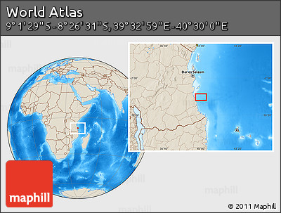 Shaded Relief Location Map of the Area around 8° 44' 0" S, 40° 1' 29" E