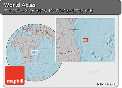Gray Location Map of the Area around 8° 44' 0" S, 41° 43' 30" E, hill shading