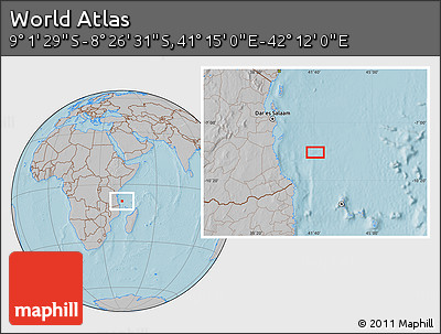Gray Location Map of the Area around 8° 44' 0" S, 41° 43' 30" E, hill shading