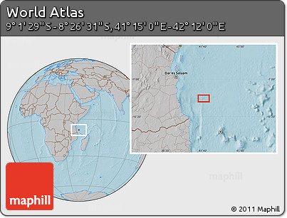 Gray Location Map of the Area around 8° 44' 0" S, 41° 43' 30" E, hill shading
