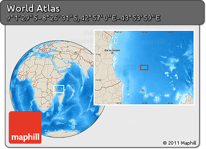 Shaded Relief Location Map of the Area around 8° 44' 0" S, 43° 25' 29" E