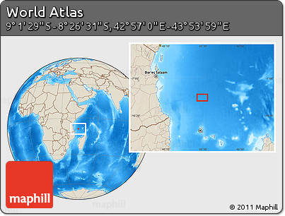 Shaded Relief Location Map of the Area around 8° 44' 0" S, 43° 25' 29" E