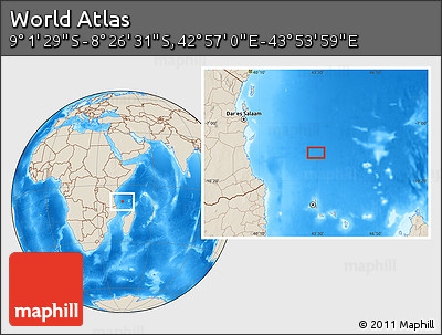 Shaded Relief Location Map of the Area around 8° 44' 0" S, 43° 25' 29" E