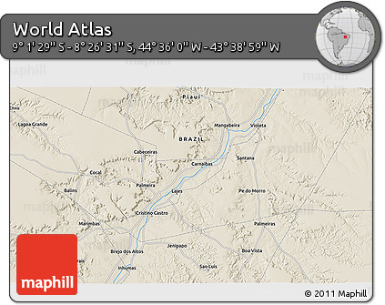 Shaded Relief 3D Map of the Area around 8° 44' 0" S, 44° 7' 30" W