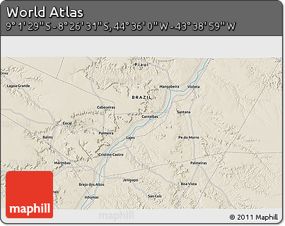 Shaded Relief 3D Map of the Area around 8° 44' 0" S, 44° 7' 30" W