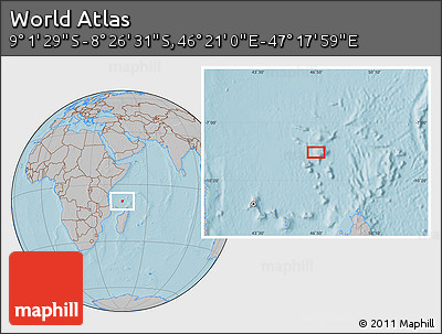Gray Location Map of the Area around 8° 44' 0" S, 46° 49' 30" E, hill shading