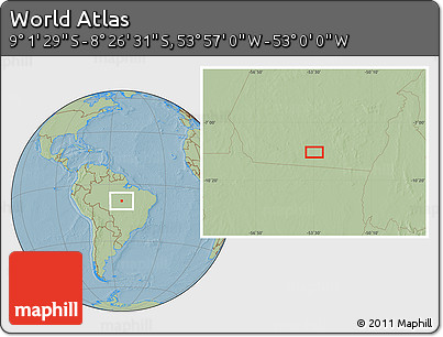 Savanna Style Location Map of the Area around 8° 44' 0" S, 53° 28' 30" W, hill shading