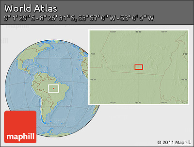 Savanna Style Location Map of the Area around 8° 44' 0" S, 53° 28' 30" W, hill shading