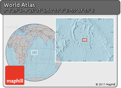 Gray Location Map of the Area around 8° 44' 0" S, 55° 19' 30" E, hill shading