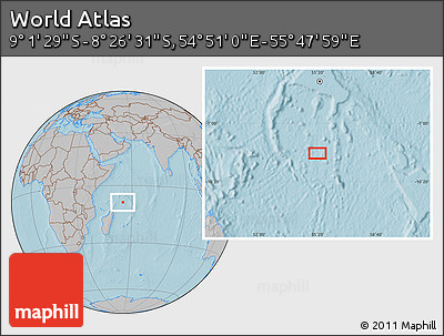 Gray Location Map of the Area around 8° 44' 0" S, 55° 19' 30" E, hill shading