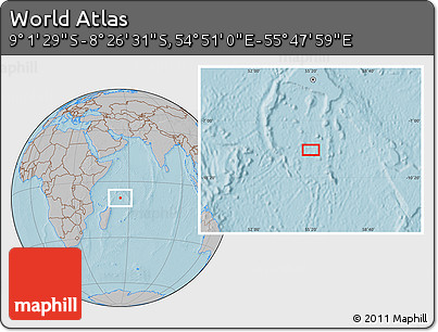 Gray Location Map of the Area around 8° 44' 0" S, 55° 19' 30" E, hill shading