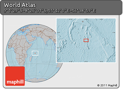 Gray Location Map of the Area around 8° 44' 0" S, 56° 10' 29" E, hill shading