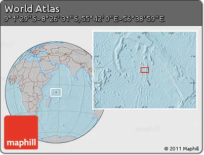 Gray Location Map of the Area around 8° 44' 0" S, 56° 10' 29" E, hill shading