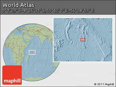 Savanna Style Location Map of the Area around 8° 44' 0" S, 56° 10' 29" E, hill shading