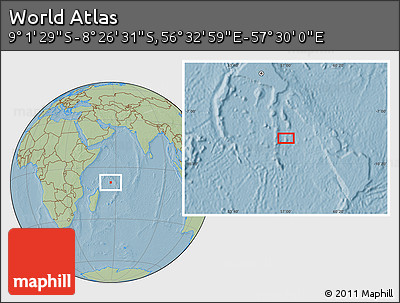 Savanna Style Location Map of the Area around 8° 44' 0" S, 57° 1' 29" E, hill shading