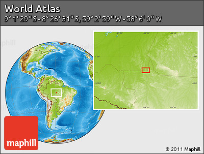 Physical Location Map of the Area around 8° 44' 0" S, 58° 34' 30" W
