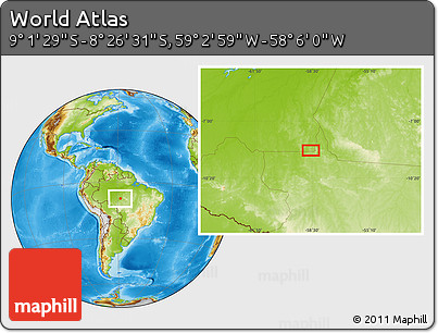 Physical Location Map of the Area around 8° 44' 0" S, 58° 34' 30" W