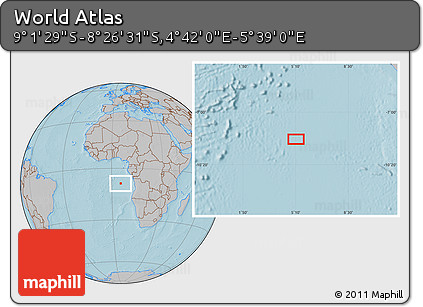 Gray Location Map of the Area around 8° 44' 0" S, 5° 10' 30" E, hill shading