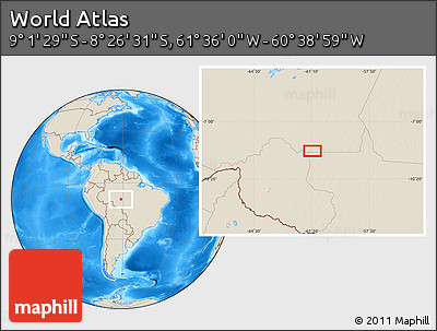 Shaded Relief Location Map of the Area around 8° 44' 0" S, 61° 7' 30" W