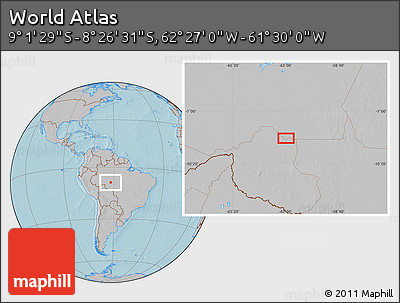 Gray Location Map of the Area around 8° 44' 0" S, 61° 58' 30" W, hill shading