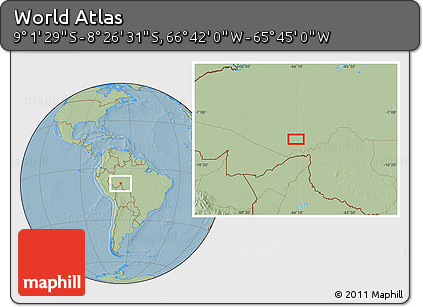 Savanna Style Location Map of the Area around 8° 44' 0" S, 66° 13' 29" W, hill shading