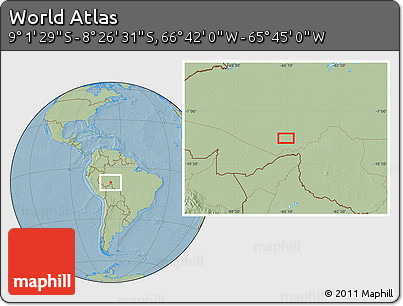 Savanna Style Location Map of the Area around 8° 44' 0" S, 66° 13' 29" W, hill shading