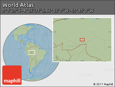 Savanna Style Location Map of the Area around 8° 44' 0" S, 66° 13' 29" W, hill shading