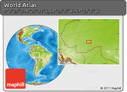 Physical Location Map of the Area around 8° 44' 0" S, 67° 55' 30" W